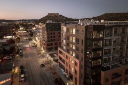 Aerial view of Encore with Castle Rock in the background