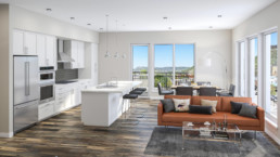 Rendering of the interior living area of a unit at 221 Wilcox